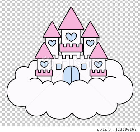 Vector illustration of a castle with clouds and cute hearts. Fairy tale, fancy, line 123696168