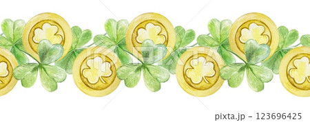 Green clover leaves and golden coins, seamless border. Symbols of St. Patricks Day holiday. Hand drawn watercolor illustration. For greeting cards, wrapping paper, textile, wallpaper. Green clover leaves and golden coins, seamless border. Symbols of St. Patricks Day holiday. Hand drawn watercolor illustration. For greeting cards, wrapping paper, textile, wallpaper. 123696425