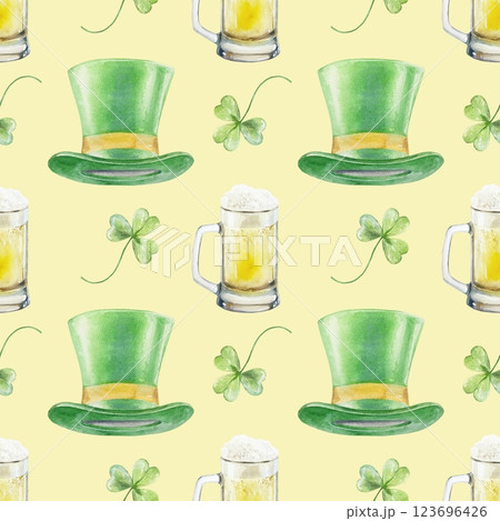 Green top hat, beer mug, clover leaf, seamless pattern. Symbols of St. Patricks Day holiday. Hand drawn watercolor illustration. For greeting cards, wrapping paper, textile, covers, fabric, wallpaper. Green top hat, beer mug, clover leaf, seamless pattern. Symbols of St. Patricks Day holiday. Hand drawn watercolor illustration. For greeting cards, wrapping paper, textile, covers, fabric, wallpaper. 123696426