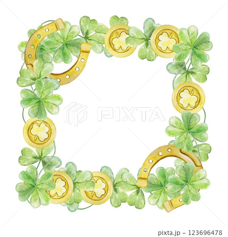 Frame of green clover leaves, gold coins and horseshoes. Symbol of St. Patricks Day holiday. Hand drawn watercolor illustration isolated on white. For greeting cards, invitations, banners. Frame of green clover leaves, gold coins and horseshoes. Symbol of St. Patricks Day holiday. Hand drawn watercolor illustration isolated on white. For greeting cards, invitations, banners. 123696478