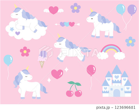 かわいいユニコーンのベクターイラストセット。馬、虹、ハート、風船、チェリー、お城 かわいいユニコーンのベクターイラストセット。馬、虹、ハート、風船、チェリー、お城 123696681
