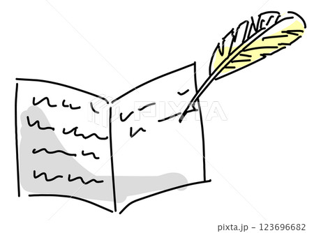 書類にサインする羽ペン手描きのシンプル線画 書類にサインする羽ペン手描きのシンプル線画 123696682