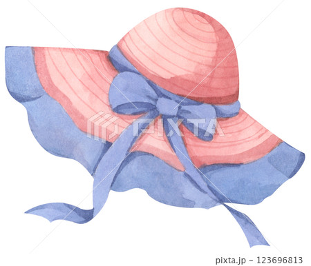 Hat Summer Watercolor Illustration. Minimal Beach Hat Art with Soft Pastel Colors and Coastal Vibes Hat Summer Watercolor Illustration. Minimal Beach Hat Art with Soft Pastel Colors and Coastal Vibes 123696813