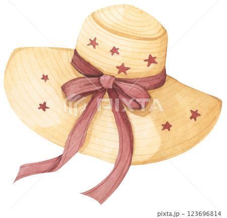 Hat Summer Watercolor Illustration. Minimal Beach Hat Art with Soft Pastel Colors and Coastal Vibes Hat Summer Watercolor Illustration. Minimal Beach Hat Art with Soft Pastel Colors and Coastal Vibes 123696814