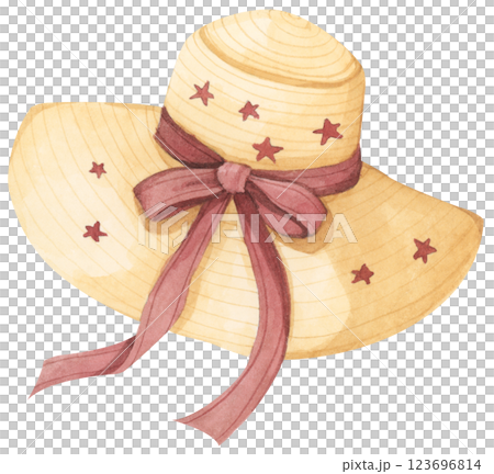 Hat Summer Watercolor Illustration. Minimal Beach Hat Art with Soft Pastel Colors and Coastal Vibes Hat Summer Watercolor Illustration. Minimal Beach Hat Art with Soft Pastel Colors and Coastal Vibes 123696814