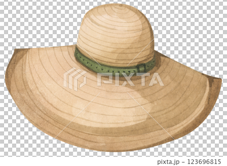 Hat Summer Watercolor Illustration. Minimal Beach Hat Art with Soft Pastel Colors and Coastal Vibes 123696815