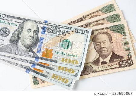 お金 一万円札と100ドル お金 一万円札と100ドル 123696867