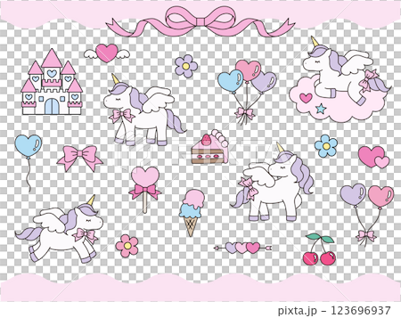 Set of cute unicorn vector illustrations. Horse, ribbon, heart, balloon, cherry, castle Set of cute unicorn vector illustrations. Horse, ribbon, heart, balloon, cherry, castle 123696937