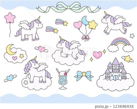 かわいいユニコーンのベクターイラストセット。馬、リボン、ハート、風船、チェリー、お城 かわいいユニコーンのベクターイラストセット。馬、リボン、ハート、風船、チェリー、お城 123696938
