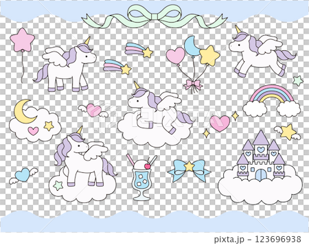 Set of cute unicorn vector illustrations. Horse, ribbon, heart, balloon, cherry, castle 123696938
