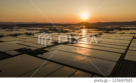 水田を照らす夕陽 123697081