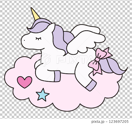Vector illustration of a cute unicorn with clouds. Horse, animal, ribbon, dreamy, wings, pegasus, line 123697205
