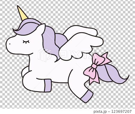Cute unicorn vector illustration. Horse, animal, ribbon, dreamy, wings, pegasus, line 123697207