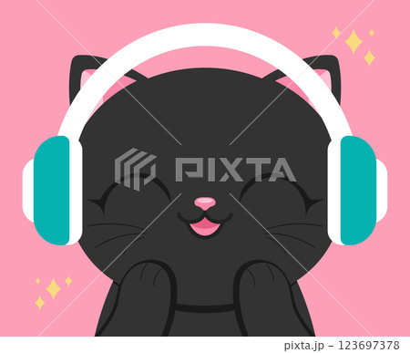 Cute anime cat in headphones. Cheerful cat listening to music with closed eyes. Vector illustration 123697378