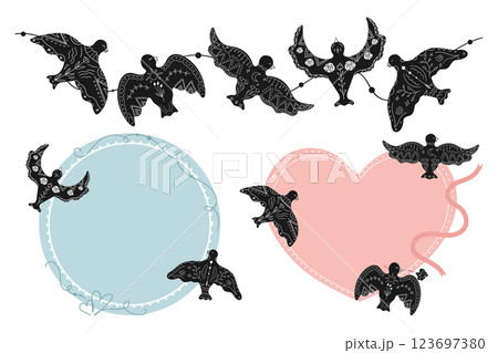 Heart and circle templates decorated with hand drawn dove silhouettes drawing in boho style. Templates decorated with black birds with floral arrangement. Vector illustration 123697380