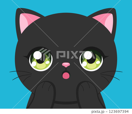 Surprised black cat in anime style set. Cute anime cat with big green eyes with sparkles. Vector illustration 123697394