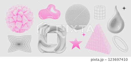 3d graphic assets set in retro dotted halftone style, retro futuristic geometric elements with wireframe different forms, bold modern shapes for design template, poster, banner in Y2k style. Vector 123697410