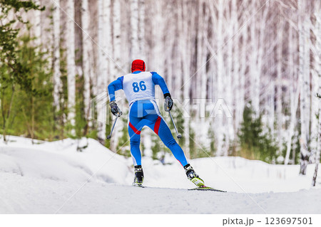 rear view skiers in cross-country skiing race rear view skiers in cross-country skiing race 123697501