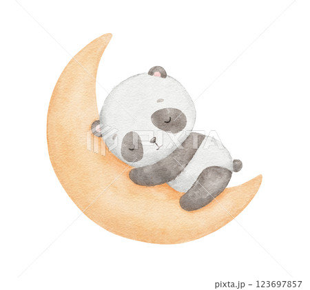 Watercolor cute panda sleeping on moon, watercolor hand drawn illustration for kids, drawing 123697857