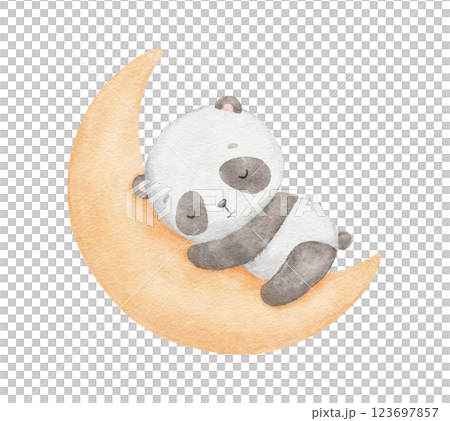 Watercolor cute panda sleeping on moon, watercolor hand drawn illustration for kids, drawing 123697857