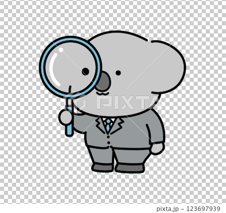 A koala character in a suit using a magnifying glass 123697939