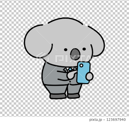 一個穿著西裝的可愛無尾熊角色正在操作智慧型手機 123697940