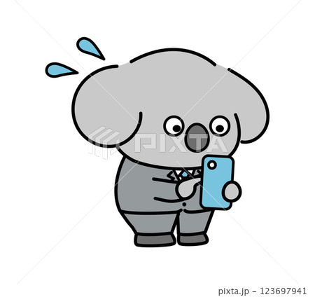 スマホを操作しながら慌てた様子を見せるスーツ姿のコアラのキャラクター 123697941