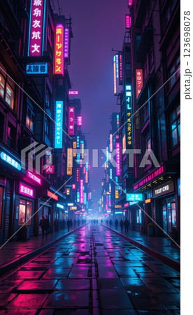 Neon-Lit Futuristic Cyberpunk City Street at Night Neon-Lit Futuristic Cyberpunk City Street at Night 123698078