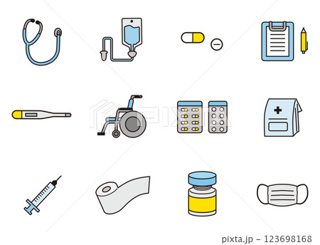 シンプルな医療器具のアイテムイラスト複数_主線ありタッチ シンプルな医療器具のアイテムイラスト複数_主線ありタッチ 123698168