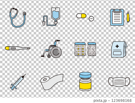 シンプルな医療器具のアイテムイラスト複数_主線ありタッチ シンプルな医療器具のアイテムイラスト複数_主線ありタッチ 123698168