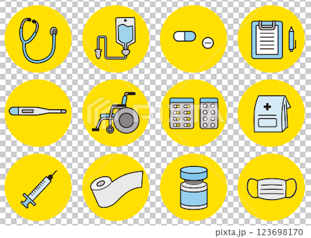 Simple medical equipment item illustrations - multiple button designs with main lines and touch 123698170