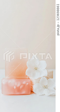 Japanese wagashi sweets in pastel tones with flower on soft background Japanese wagashi sweets in pastel tones with flower on soft background 123698661