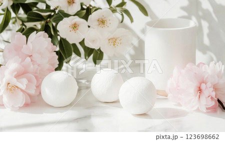 Japanese spring sweets in soft sunlight, seasonal traditional desserts background Japanese spring sweets in soft sunlight, seasonal traditional desserts background 123698662