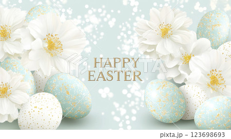 Easter eggs and daisies on light blue festive background 123698693