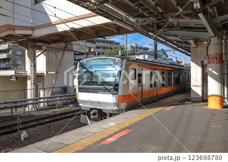 Passenger Train Arriving at a Urban Railway Station Platform Nishi Tachikawa Dec 4 2024 123698780