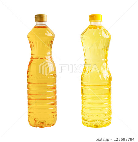 Vegetable oil and water in bottle isolated on white background. Vegetable oil and water in bottle isolated on white background. 123698794