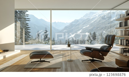 modern living room with mountain view 123698876