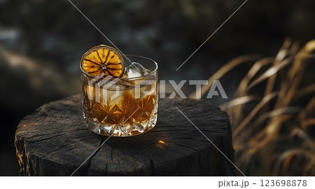 old fashioned cocktail on rustic wood 123698878
