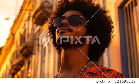 man with afro hairstyle and sunglasses outdoors 123699215