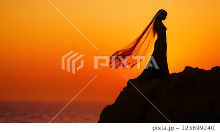silhouette of woman in veil at sunset 123699240