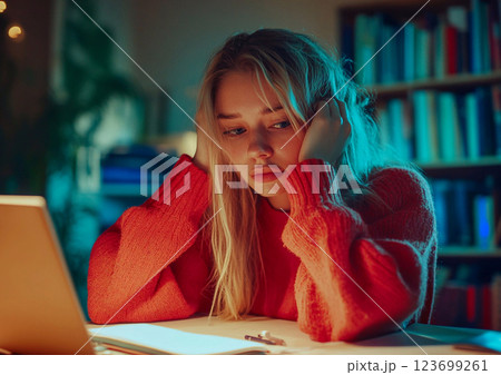 Young female student stressed and tired while preparing for exam and doing homework.AI generative. 123699261