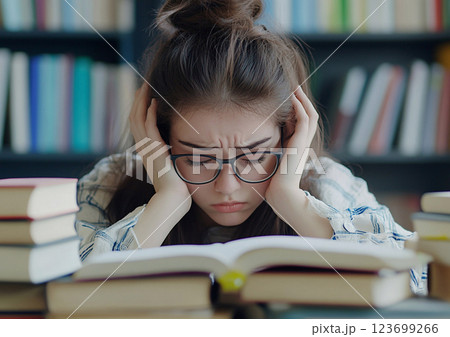 Young female student stressed and tired while preparing for exam and doing homework.AI generative. 123699266