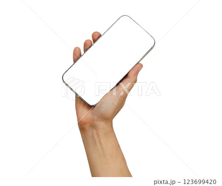 Asian woman holding smartphone in hand with blank screen isolated on white background. Asian woman holding smartphone in hand with blank screen isolated on white background. 123699420