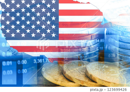 US America flag and map on stock investment trading with coin and graph. US America flag and map on stock investment trading with coin and graph. 123699426