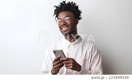 happy young man using smartphone 123699589