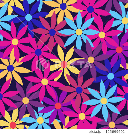 A vibrant Colorful floral seamless pattern, geometric flowers. Good for textile print, creative projects or wrapping paper A vibrant Colorful floral seamless pattern, geometric flowers. Good for textile print, creative projects or wrapping paper 123699692