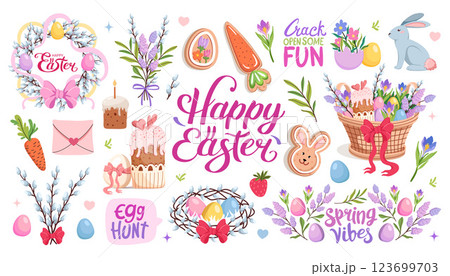 Happy Easter set. Spring collection of flowers and decorations, lettering. Basket with Easter eggs and cake. Willow branch, flowers and nest. Handmade cookies. Vector flat illustration. 123699703