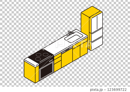 Simple isometric illustration of a kitchen with a refrigerator and a built-in kitchen 123699722