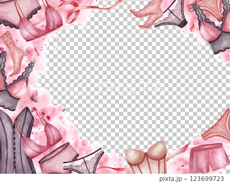 Lingerie undies and lace panties. Frame rectangular. Pink watercolor spot along the perimeter. Hand drawn illustration isolated from the background. Perfect for banner, brochure, logo, business card Lingerie undies and lace panties. Frame rectangular. Pink watercolor spot along the perimeter. Hand drawn illustration isolated from the background. Perfect for banner, brochure, logo, business card 123699723