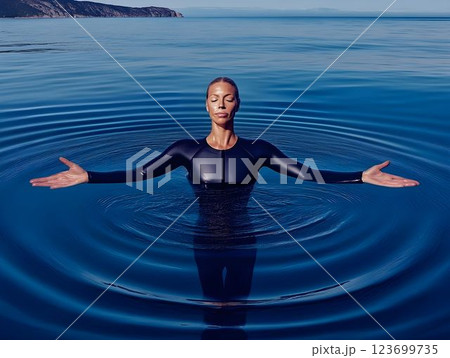 Woman wearing wetsuit standing in calm water, eyes closed, arms extended, creating ripples, embodying tranquility and spiritual connection with natural environment Woman wearing wetsuit standing in calm water, eyes closed, arms extended, creating ripples, embodying tranquility and spiritual connection with natural environment 123699735